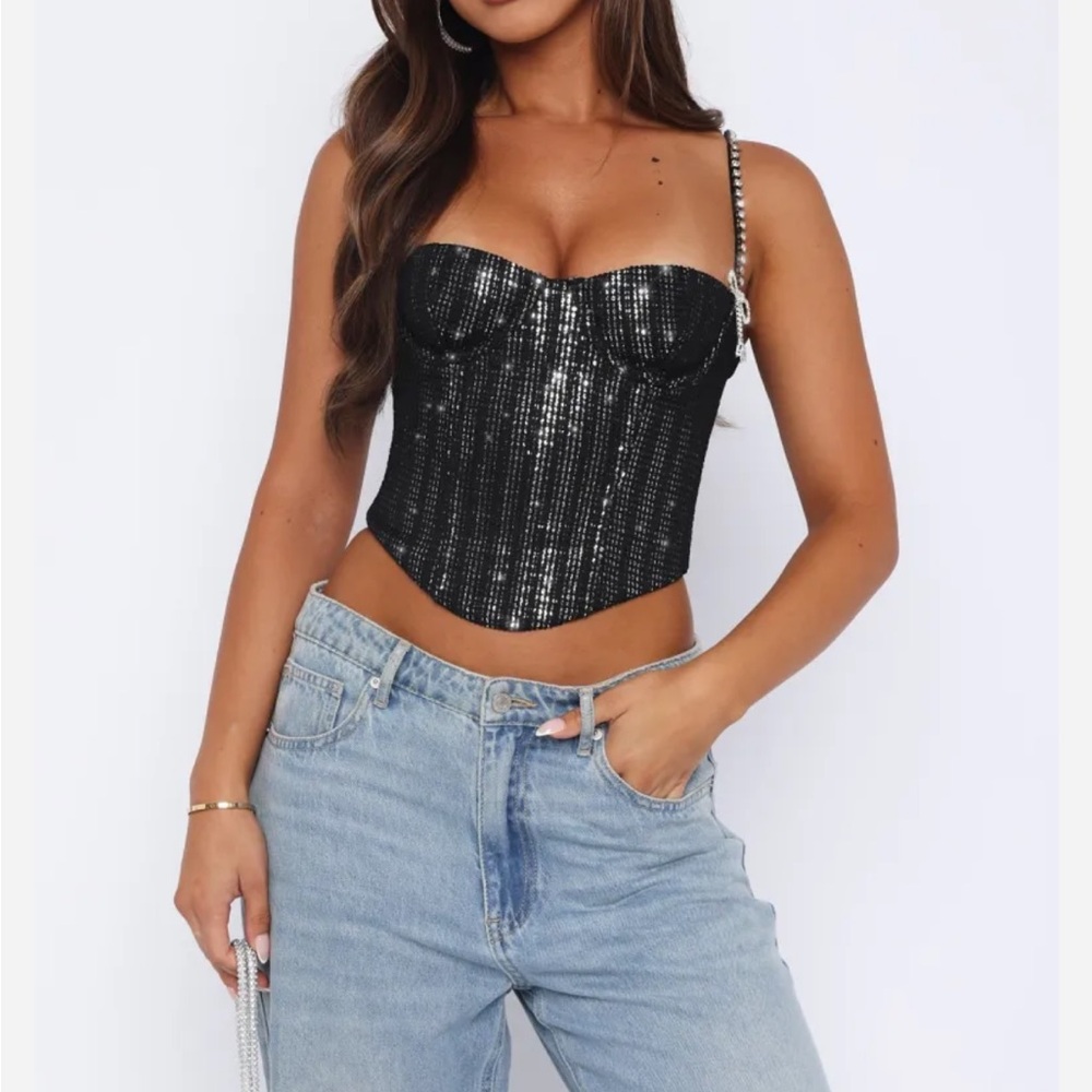 White Fox Boutique Black Sequin Bustier Crop Top | Medium